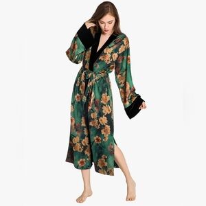 Kim + Ono Green Floral Satin Robe with Black Velvet Trim - One Size Fits All
